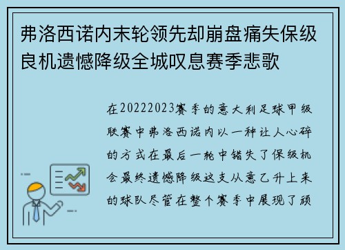 弗洛西诺内末轮领先却崩盘痛失保级良机遗憾降级全城叹息赛季悲歌